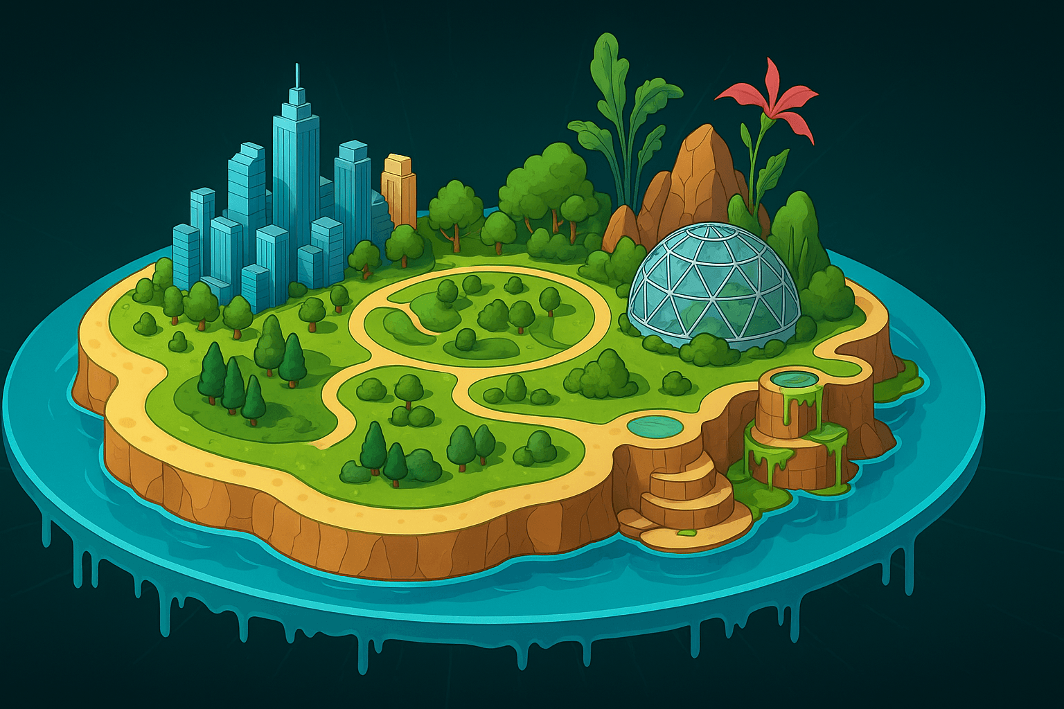 Floating island with geodesic dome and volcano